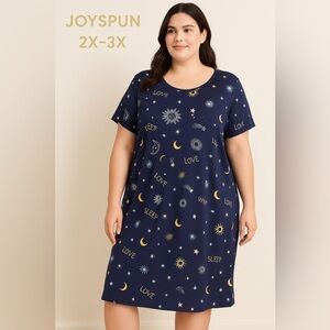 Joyspun Celestial Nightgown 2X/3X Navy Stars Moons Sun Pockets Stretch
